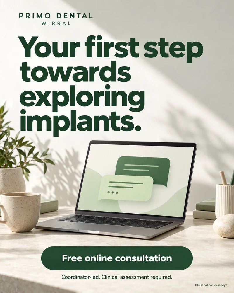 Illustrative Primo ad: Your first step towards exploring implants. Laptop with abstract conversation cards. Free online consultation, coordinator-led; clinical assessment required.