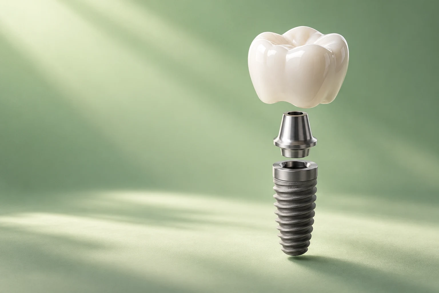 Illustration of a dental implant: a white crown, a metal abutment and a threaded implant post, shown separated on a calm green background.